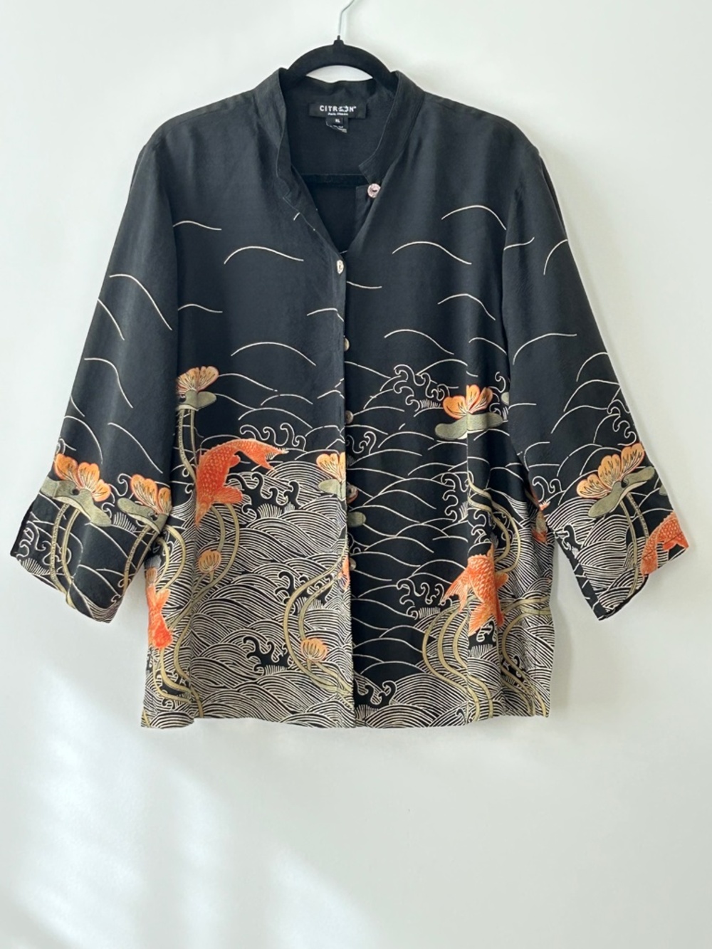 Citron Santa Monica 100% Silk Black Koi Fish Pond Blouse